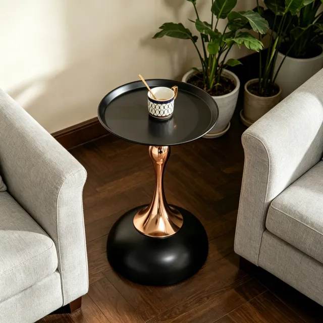 CHICFURN Bijzettafel - Rond - Metalen trayblad - Tafelvoet - Zwart goud