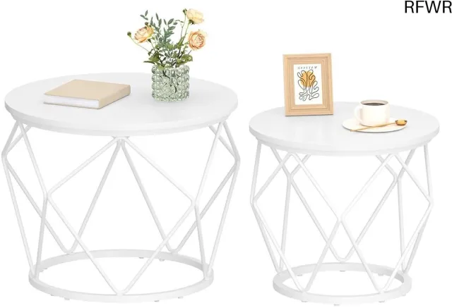 RFWR Ronde Salontafel Set van 2 - Moderne Bijzettafels voor Woonkamer, Slaapkamer en Kantoor wit