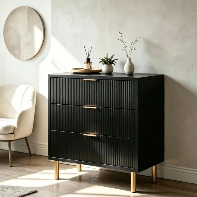 HOERFURIY Ladekast 3 Lades Hout Metalen Poten – Wit – 76 cm – voor Slaapkamer Woonkamer of Gang