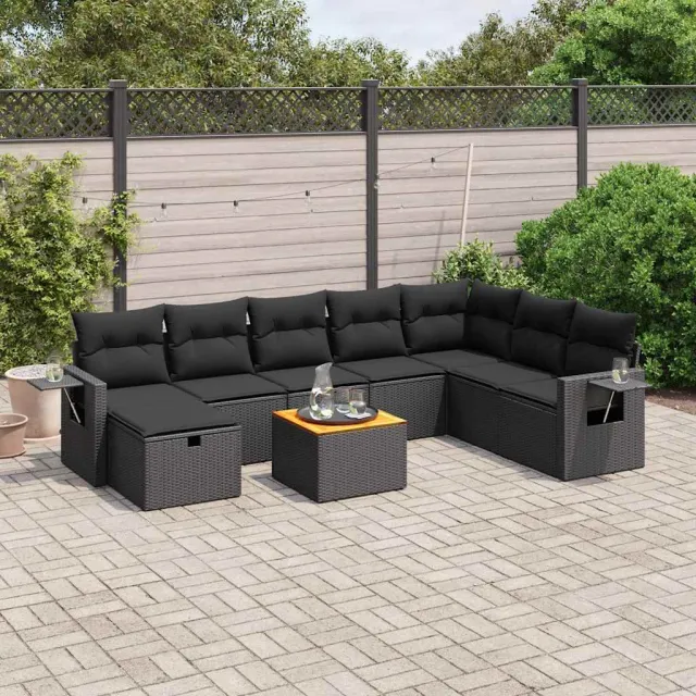 vidaXL 9-delige Loungeset met kussens poly rattan zwart, foto 2