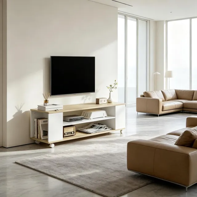 COVREO TV-meubel 120 x 40 x 38,5 cm wit naturel, spaanplaat, met wielen