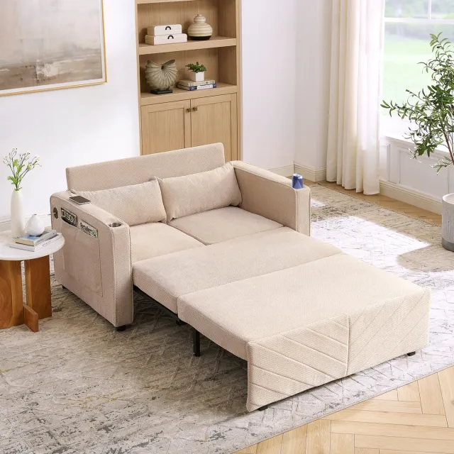 Zubaliya 2-Persoons Sofa Bed 195x134x73 cm - Massief hout Bank Met Slide-to-Transform Design, USB Lades, Beige