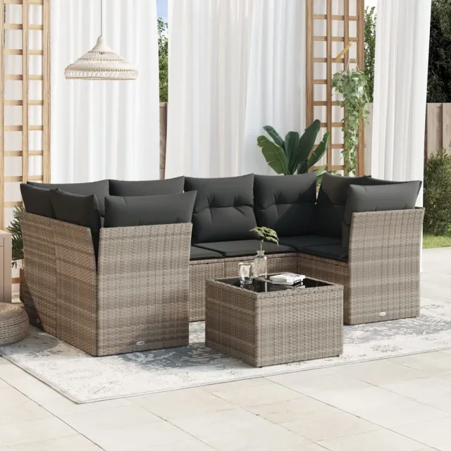 vidaXL 7-delige Loungeset met kussens poly rattan lichtgrijs grijs, foto 2