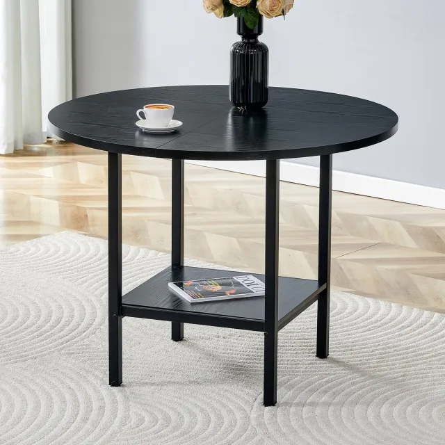 HAUSS SPOLE Eettafel - Rond Met Opbergplank Voor 4 Tot 6 Personen - Voor Keuken En Eetkamer - MDF En Metaal - 100 x 100 x 77 Cm - Zwart