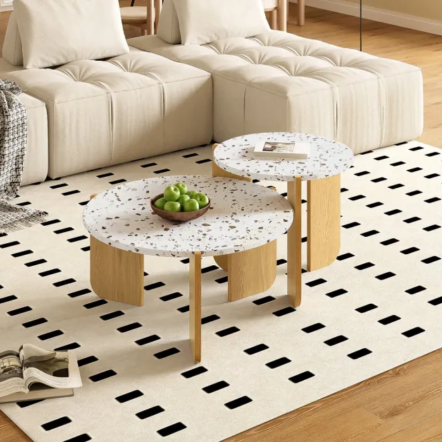 DESMIU Salontafel Set - Inelkaar Schuivend Ontwerp Met Kunstzinnig Blad - Voor Woonkamer, Balkon En Bankzijde - MDF - Naturel - 70x70x35 En 50x50x45,5 Cm Wit + Houtkleur