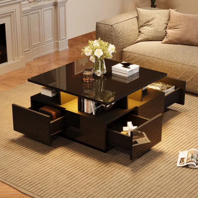 OKWISH Salontafels Koffietafel - Moderne Salontafel Met Lade Opbergruimte - LED Licht En Geometrisch Hoogglans Design - Salon Tafel - 70x70x40 cm - Spaanplaat - Zwart