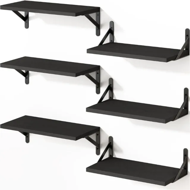 Kaëru Wandplankenset – 6-delig – Houten Planken – Draagkracht 10 kg per plank – 42x15.5cm – Voor Badkamer, Keuken of Woonkamer – Zwart