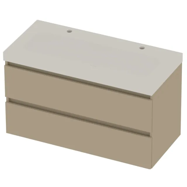 Basic-Line Moby 46 Badmeubelset Polystone 2 Kraangaten Greeploos 100x46x58 cm Mat Beige Mat Wit