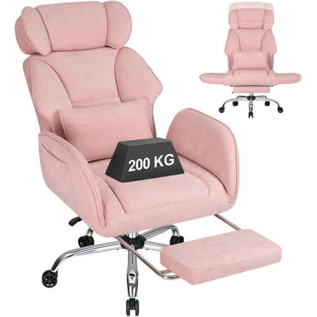 Hoffree Ergonomische Bureaustoel Kleermakerszit met Voetensteun - Roze - Opklapbare Armleuningen, 135° Verstelbare Rugleuning, Chenille Stof, Belastbaar tot 200 kg