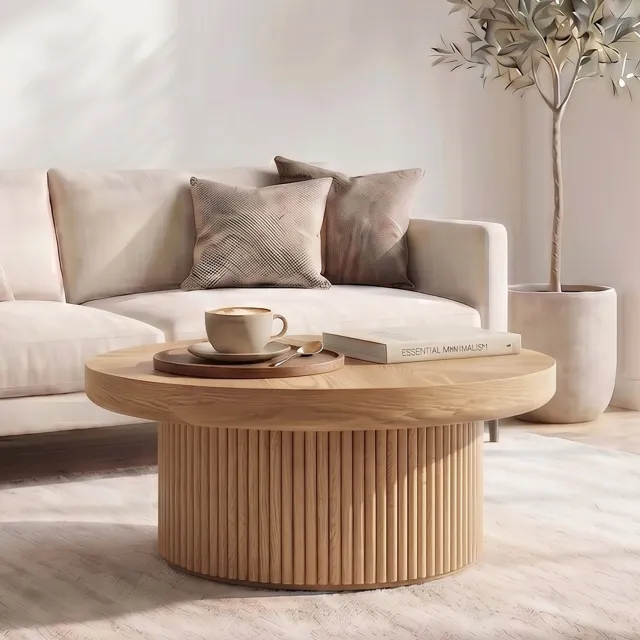 CHICFURN Salontafel - Rond - Geribbelde cilindrische basis - Naturel hout