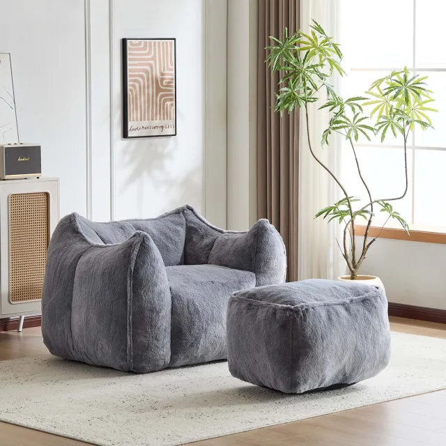 DESMIU Fauteuil met Hocker 57 x 46 x 38 cm - Zachte Zitting en Licht Ontwerp - Voor Woonkamer en Leeshoek - Imitatiebont - Grijs