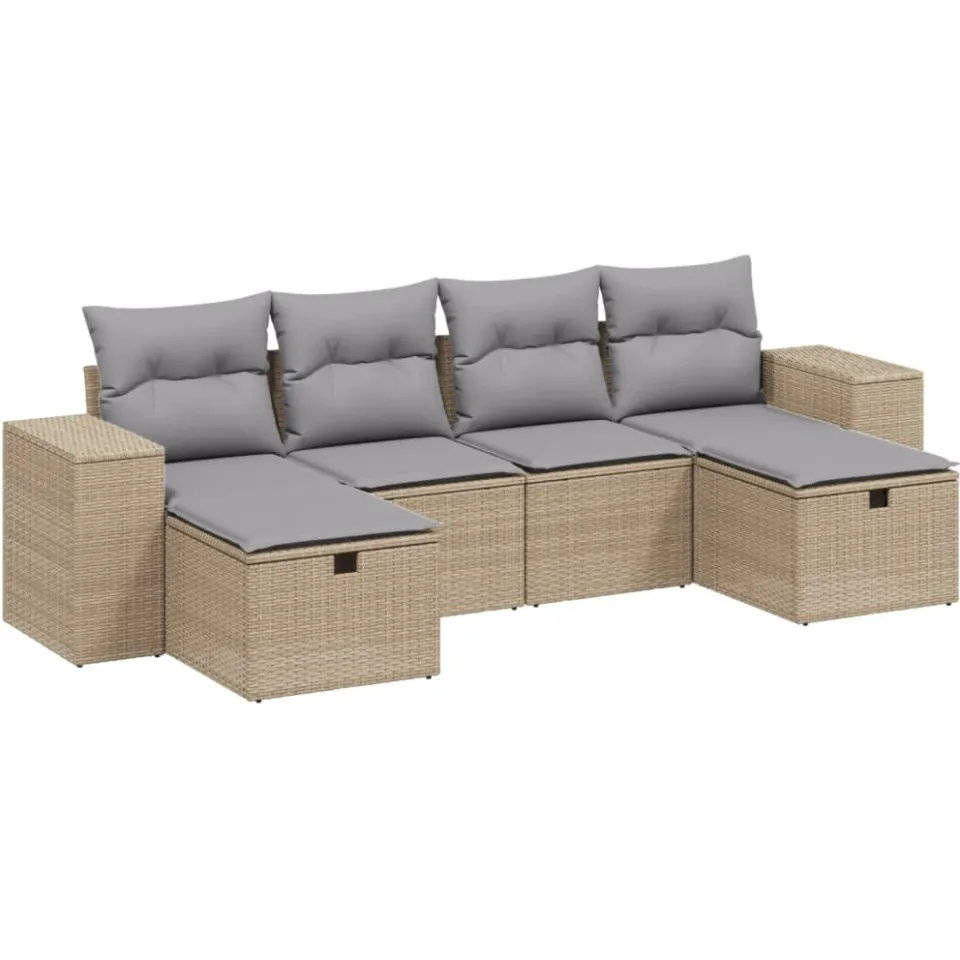 vidaXL 6-delige Loungeset met kussens poly rattan gemengd beige, foto 3