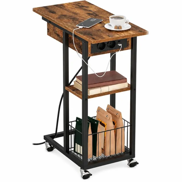 Solvix Bijzettafel met USB en Stopcontact – C Vormige Salontafel en Laptoptafel met Wielen – Industrieel Bedtafel met Opbergrek rustiek bruin / zwart