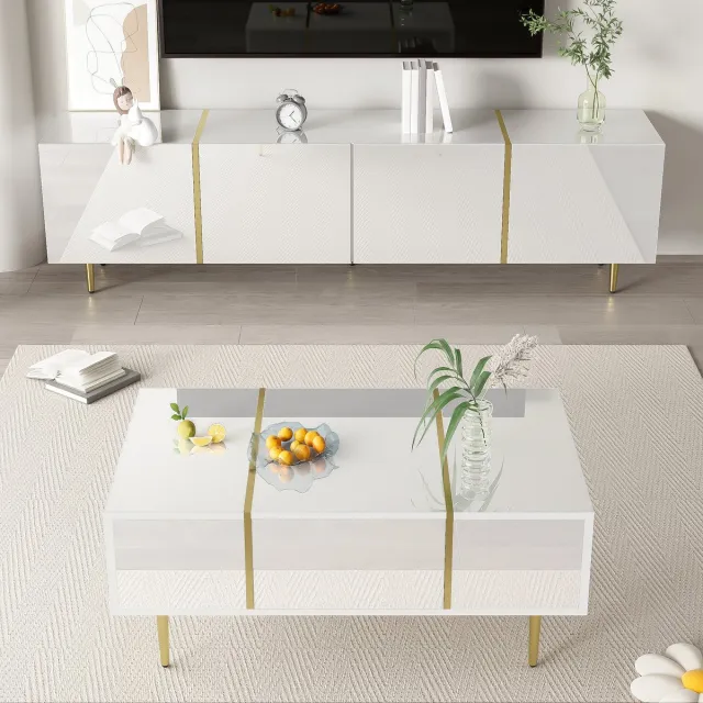 Wishdor TV-meubelset - hoogglans afwerking - 4 deuren en 2 lades - modern - woonkamer - houtlook met metalen accenten - wit - 170 x 35 x 46 cm