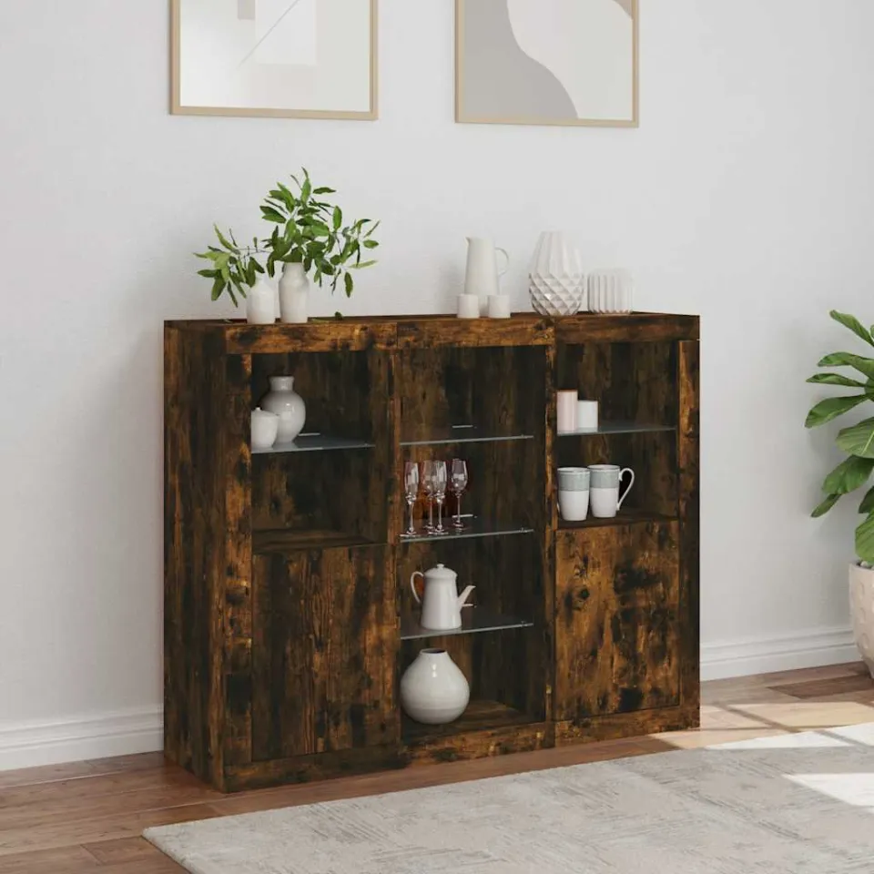 vidaXL Dressoirs met LED-verlichting 3 st bewerkt hout gerookt eiken, foto 4