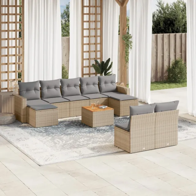 vidaXL 10-delige Loungeset met kussens poly rattan gemengd beige