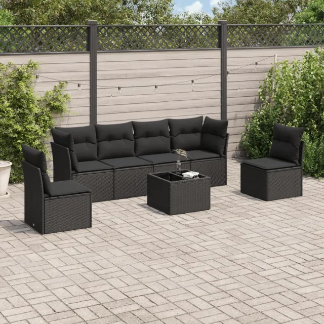 vidaXL 7-delige Loungeset met kussens poly rattan zwart, foto 2