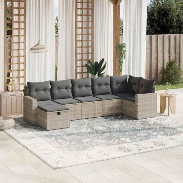 vidaXL 7-delige Loungeset met kussens poly rattan lichtgrijs grijs, foto 2
