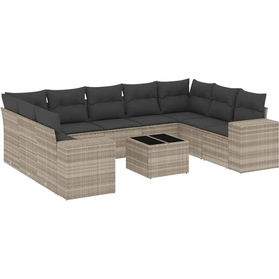 vidaXL 10-delige Loungeset met kussens poly rattan lichtgrijs grijs, foto 3