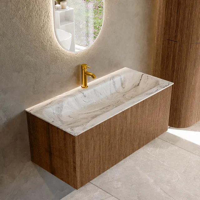 Mondiaz KURVE-DLUX 100 cm Onderkast Greeploos 1 Lade Zonder Deuren Walnut, Wastafel Solid Surface Volledig Glace 1 Kraangat Zonder Spiegel (KRVBGM1001L0D1KM-Wal/Gla)