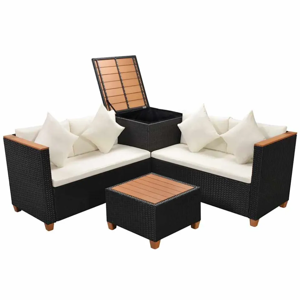 vidaXL 4-delige Loungeset met kussens poly rattan zwart, foto 3