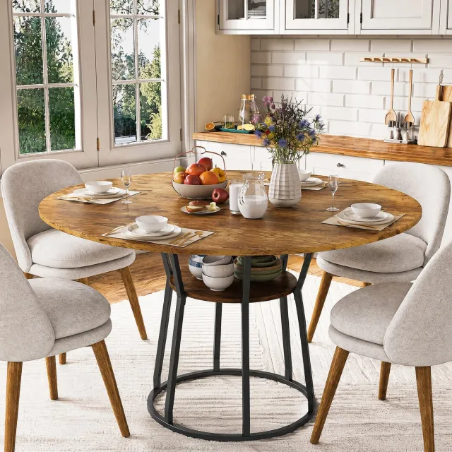 MEXUS Eettafel Ronde houten voor 4 tot 6 personen, 120 cm, met 1 open schap, geschikt voor eetkamer, keuken of woonkamer, Bruin(Bovenblad samengesteld uit 4 platen)