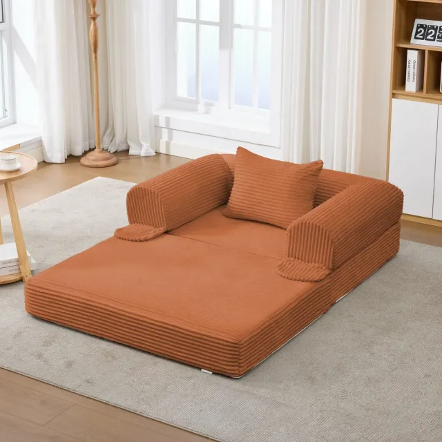 HAUSS SPOLE Fauteuil - Opvouwbare Slaapfauteuil - 1-Zits Met Kussen - Voor Woonkamer En Logeerkamer - Ribstof Oranje