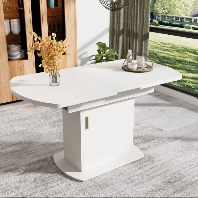 STILVORA Eettafel - Uittrekbare Ovale Tafel Met Opbergruimte En Handgreep - Verstelbare Lengte Voor Eetkamer En Thuiswerk - Spaanplaat - Wit+Goud