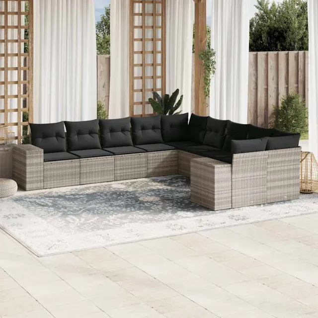 vidaXL 10-delige Loungeset met kussens poly rattan lichtgrijs grijs, foto 2