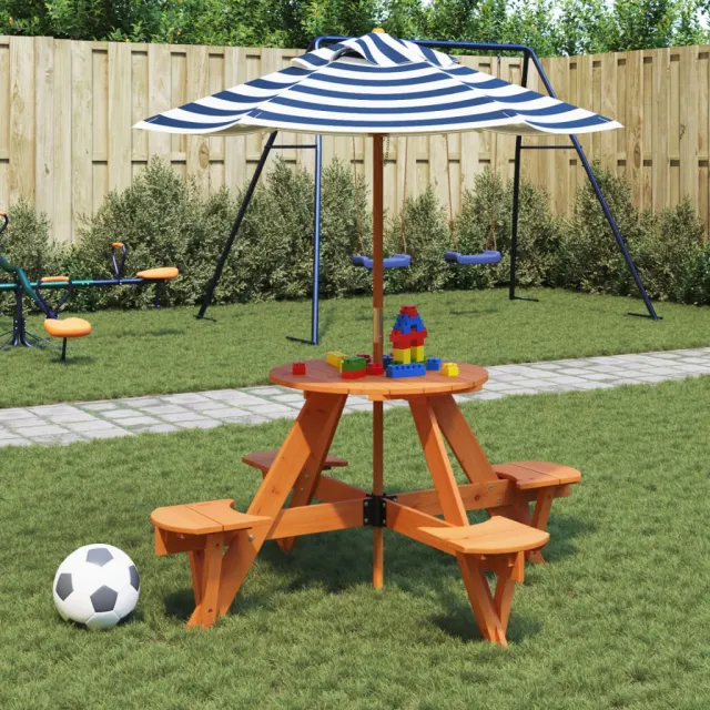 vidaXL Picknicktafel voor 4 kinderen met parasol rond vurenhout Bruin