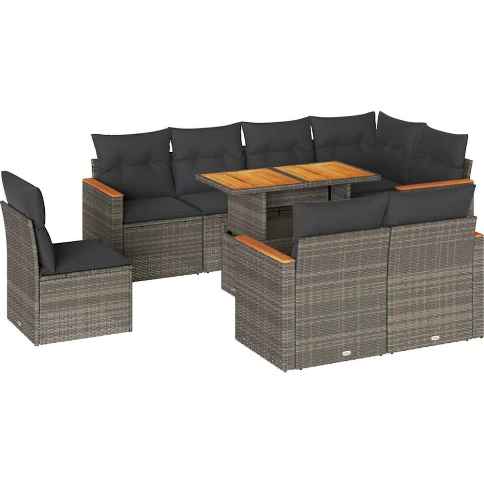 vidaXL 9-delige Loungeset met kussens poly rattan acacia grijs, foto 3