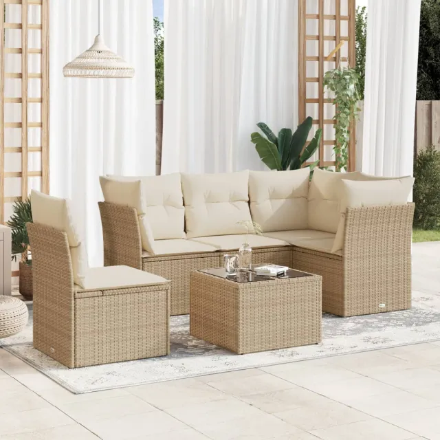 vidaXL 6-delige Loungeset met kussens poly rattan beige, foto 2
