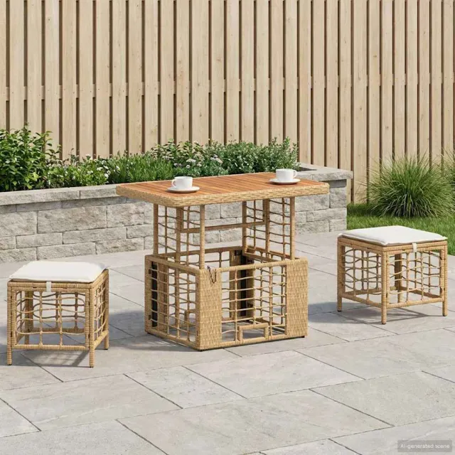 vidaXL Tuin eettafelset 3 st Natuur en Wit Poly Riet en Acaciahout Beige