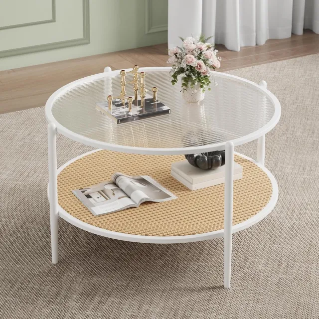 Danky Ronde Salontafel met Glazen Blad & Rotan Opbergvak - Ø 78 cm - 2-Laags Mid-Century Boho Koffietafel - Gehard Glas & Metalen Frame - Houten Look wit