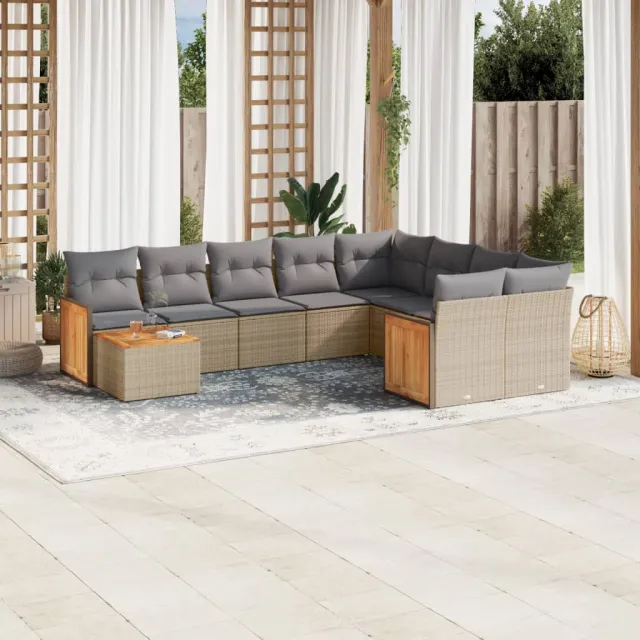 vidaXL 10-delige Loungeset met kussens poly rattan beige, foto 2