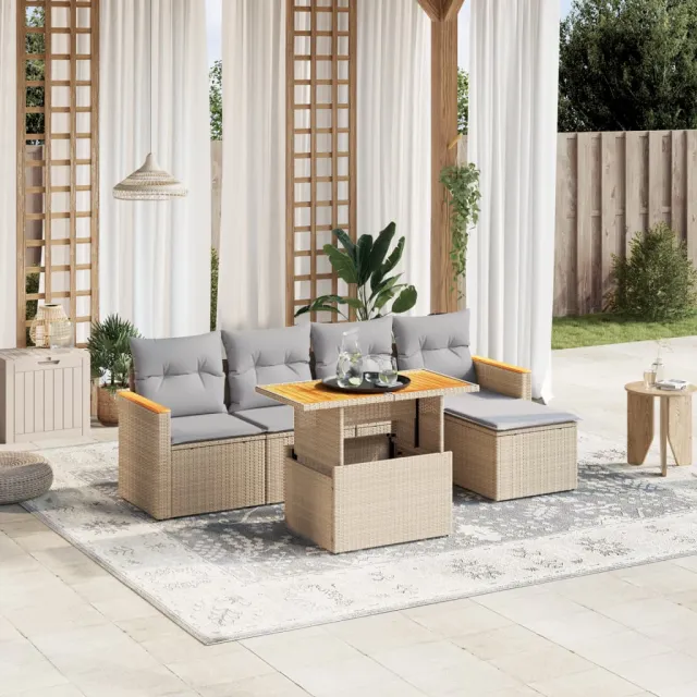 vidaXL 6-delige Loungeset met kussens poly rattan beige, foto 2
