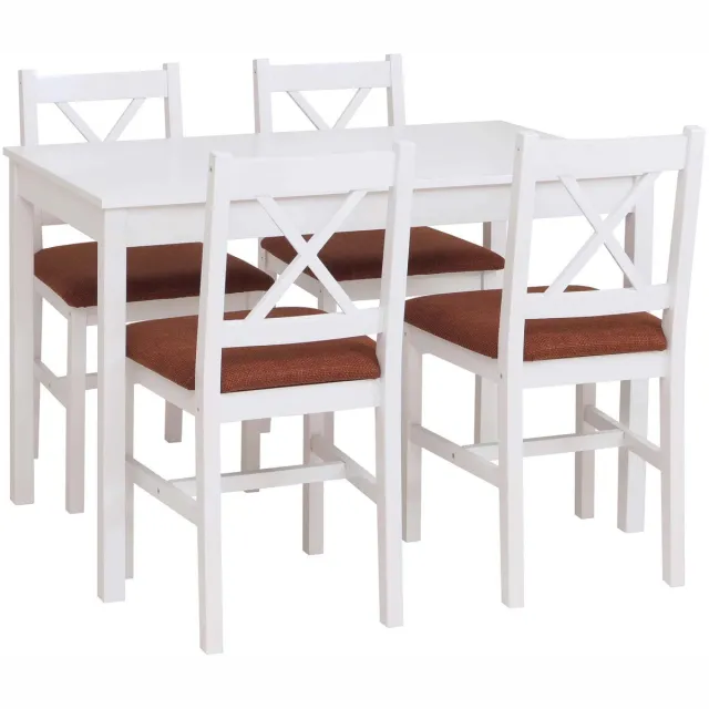 MCW Eetkamer set MCW-F77, zitgroep eetkamergroep, massief grenenhout stof landhuis 110 cm ~ wit bekleding terracotta