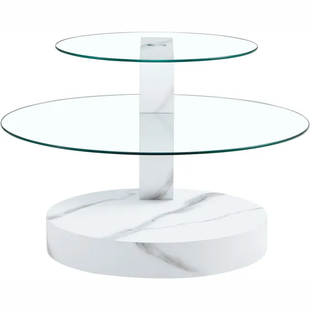 MUVANO Glazen salontafel met witte marmerlook - Twee niveaus - Open opbergruimte - MDF en veiligheidsglas - Ø 50 en 70 cm - Voor de woonkamer - Wit
