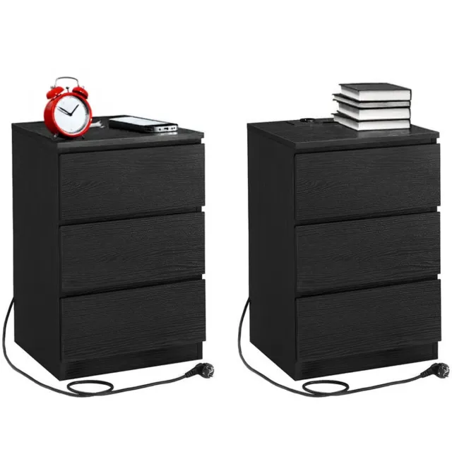 Homesy Nachtkastje set van 2 - Slaapkamer - Modern - Ebbenhout zwart - 3 lades - Met stopcontact