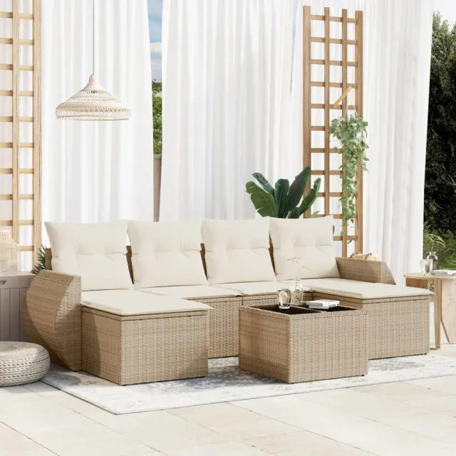 vidaXL 7-delige Loungeset met kussens poly rattan beige, foto 2