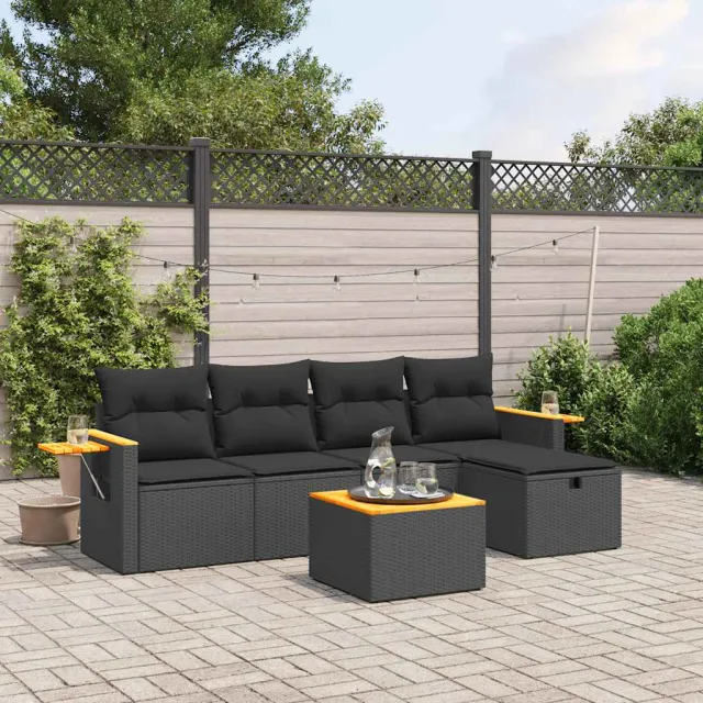 vidaXL 6-delige Loungeset met kussens poly rattan zwart, foto 2