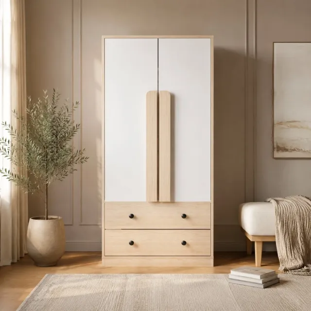 COVREO Kledingkast 70x40x170 cm - wit en houtkleur, 2 laden, dubbeldeurs