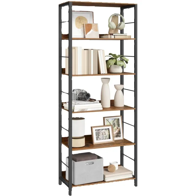 Veya Boekenkast - 60×30×178 cm - Boekenplank - Kast - Industrieel - 6 niveaus - Vintagebruin - Zwart - 37,3kg per plank - Opbergen