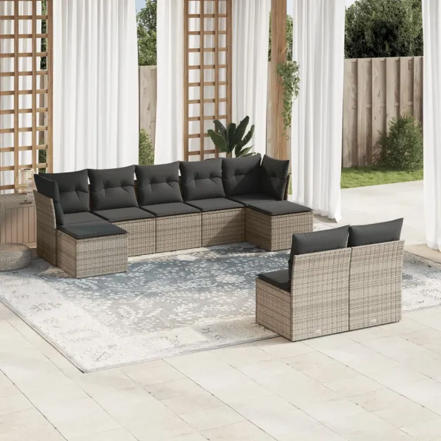 vidaXL 9-delige Loungeset met kussens poly rattan grijs, foto 2