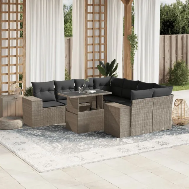 vidaXL 9-delige Loungeset met kussens poly rattan lichtgrijs grijs, foto 2