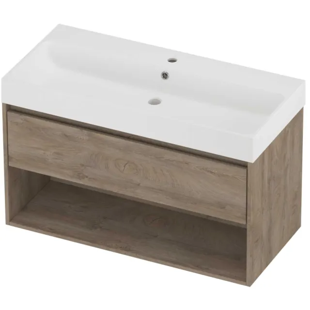 Proline Podium Badmeubelset Polystone Loft 1 Kraangat Met Schap 100x46x62 cm Mat White Raw Oak Eiken