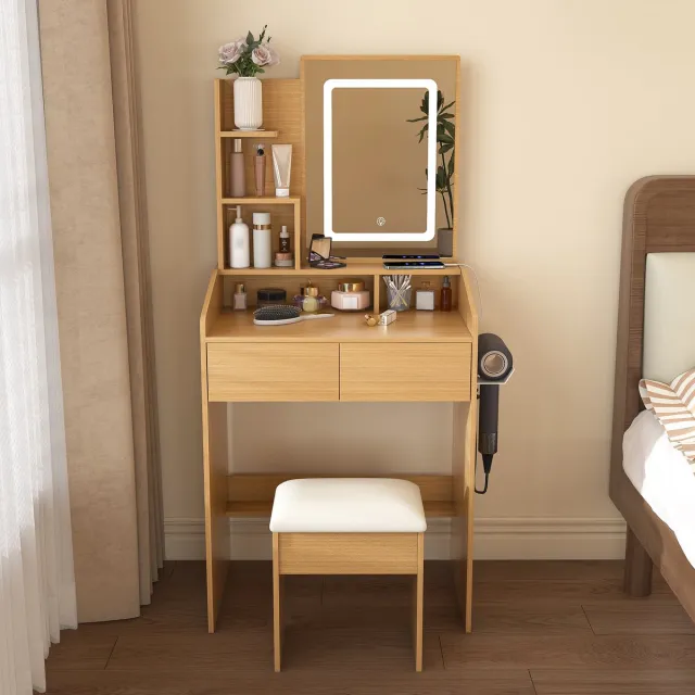 Wishdor Kaptafel met LED-spiegel en stekker - Met föhnhouder en 2 lades - Modern ontwerp - Met gepolsterde hocker - Naturel hout - 60 x 36 x 130 cm Natural Wood