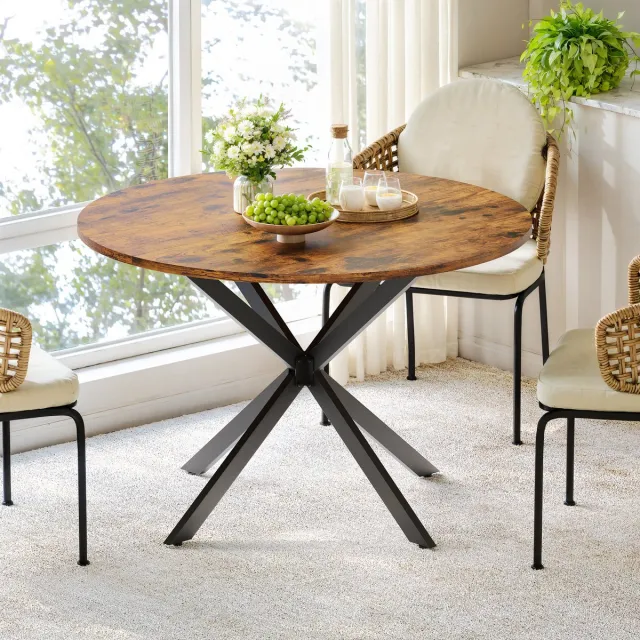 MEUNIQ ronde eettafel 120 cm met X-poot en verstelbare stelvoeten, industriële tafel voor eetkamer, keuken of thuiskantoor, vintagebruin en zwart