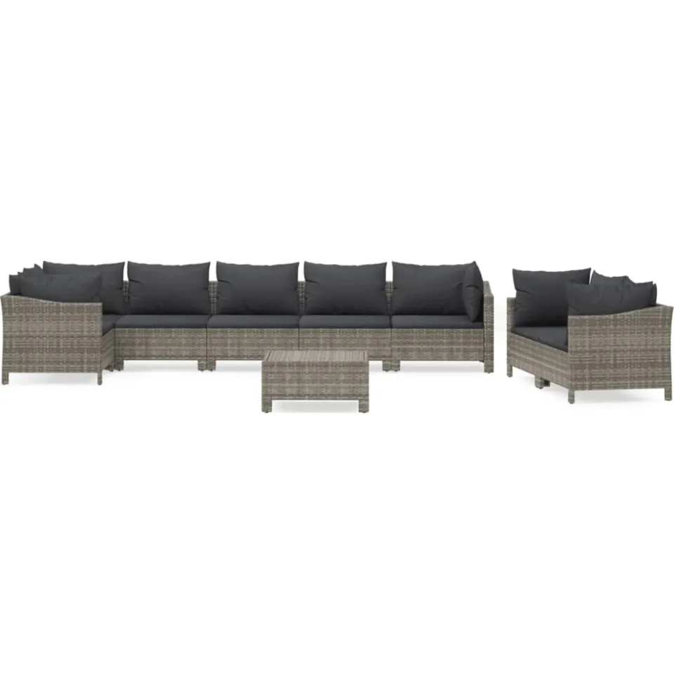 vidaXL 9-delige Loungeset met kussens poly rattan grijs