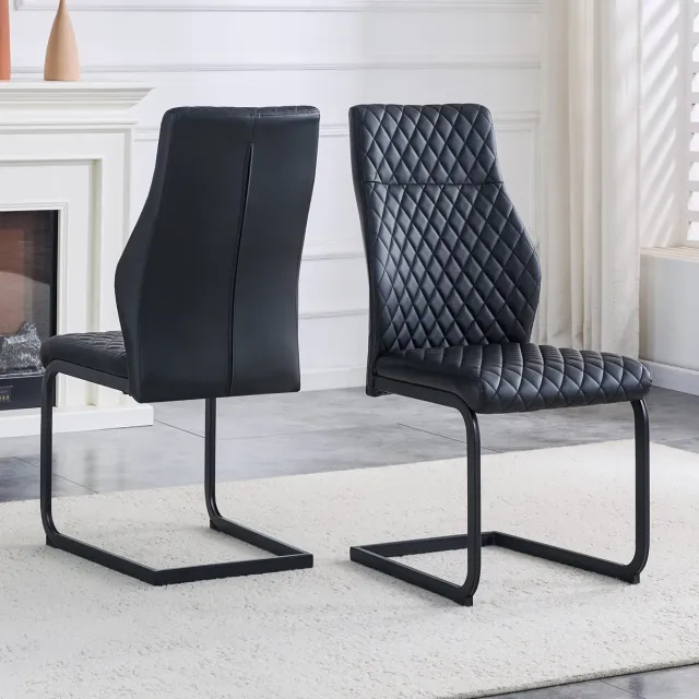 DESMIU Eetkamerstoel Set Van 2 - Zwart Ruitstiksel Met Hoge Rugleuning En Comfortabele Zitting - Voor Eetkamer En Restaurant - Metaal En Kunstleer - Zwart Black